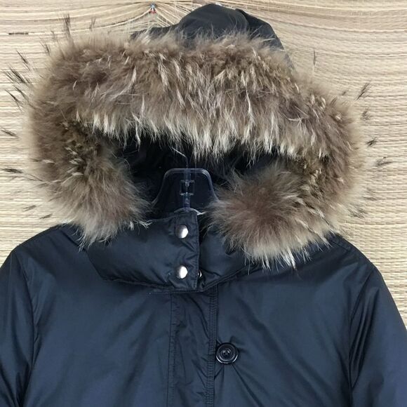 THEORY Down Puffer Hooded Raccoon Fur Trim Parka Jacket Zip/Buttons Black Size M - Picture 4 of 14